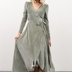 Sage Green Ribbed Velvet Wrap Dress